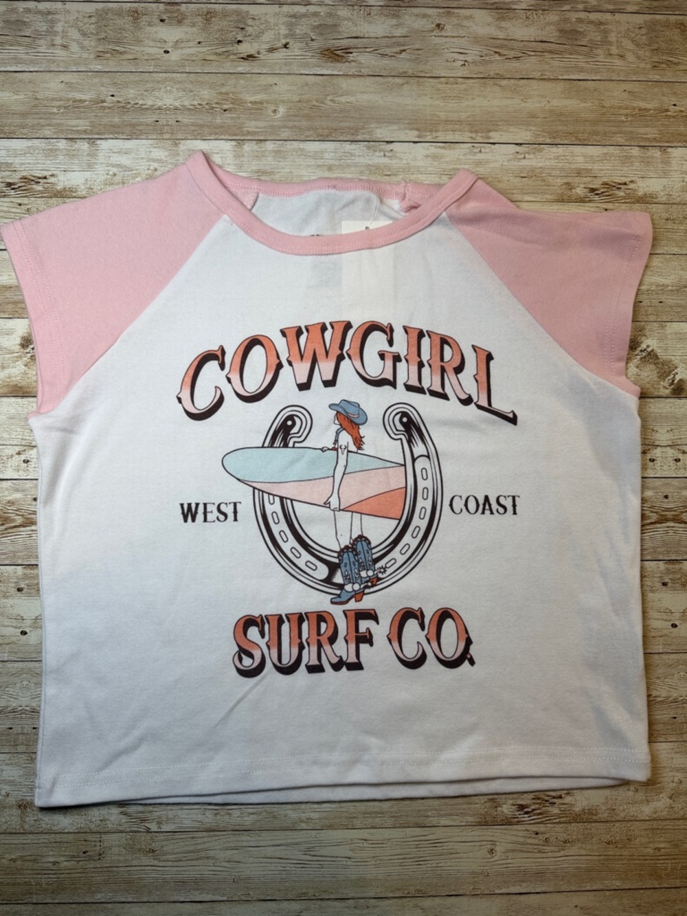 Freeze Pink and White Cowgirl Surf Co. Short Sleeve Tee
